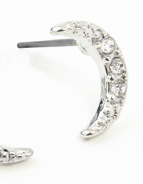Silver Diamante Cresent Stud Earrings
