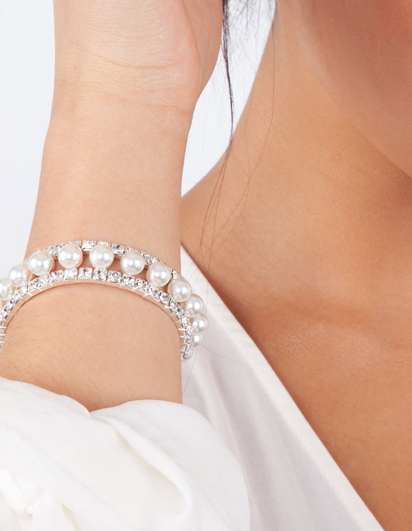Pearl & Diamante Cupchain Stretch Bracelet