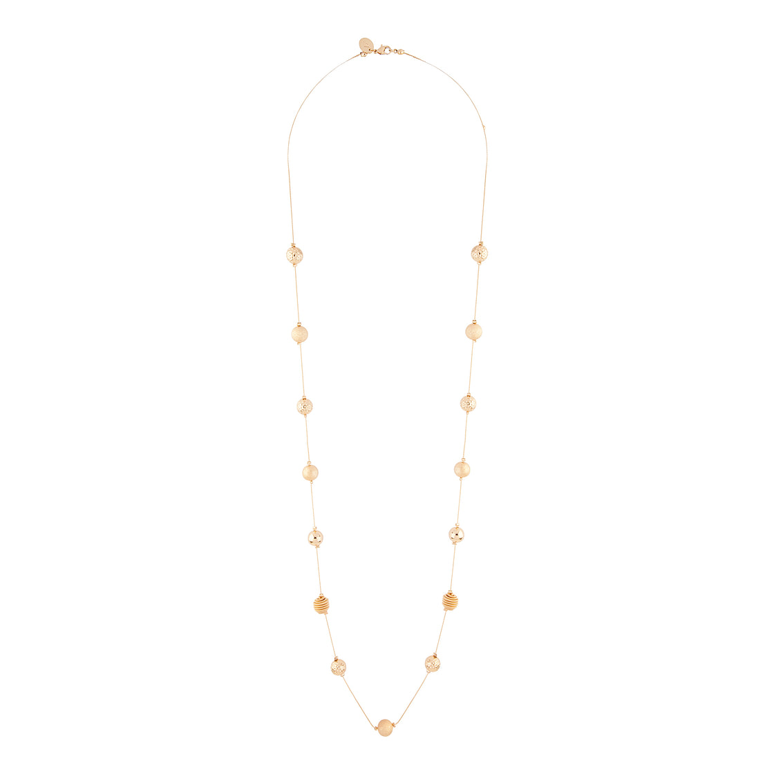 Gold Multi Textured Bead Station Lariat Necklace
