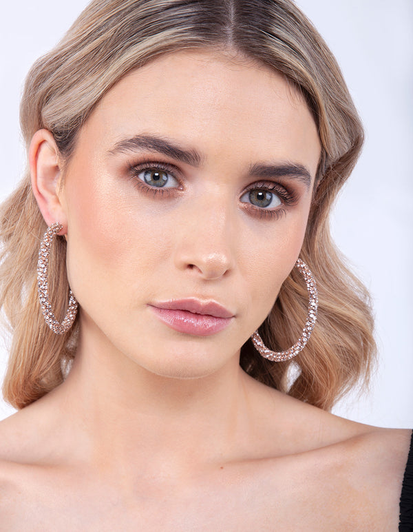 Rose Gold Large Cup Chain Diamante Hoop Earrings