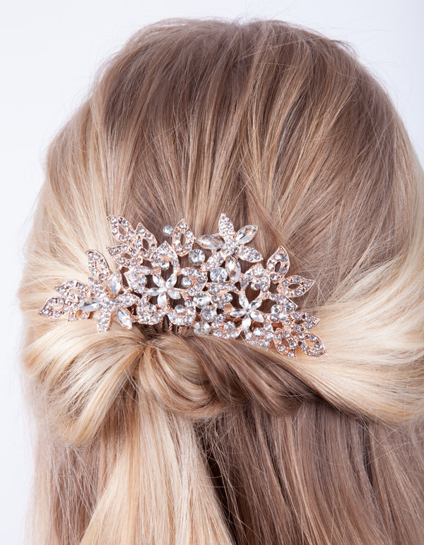Rose Gold Crystal Floral Comb