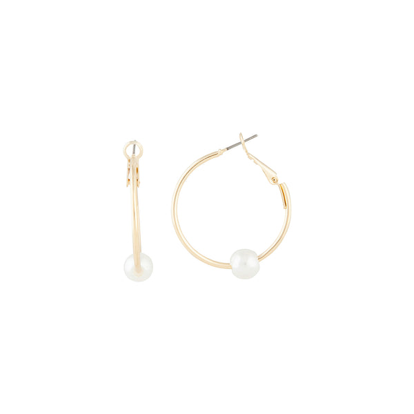 Polished Gold Pearl Hoop Earrings