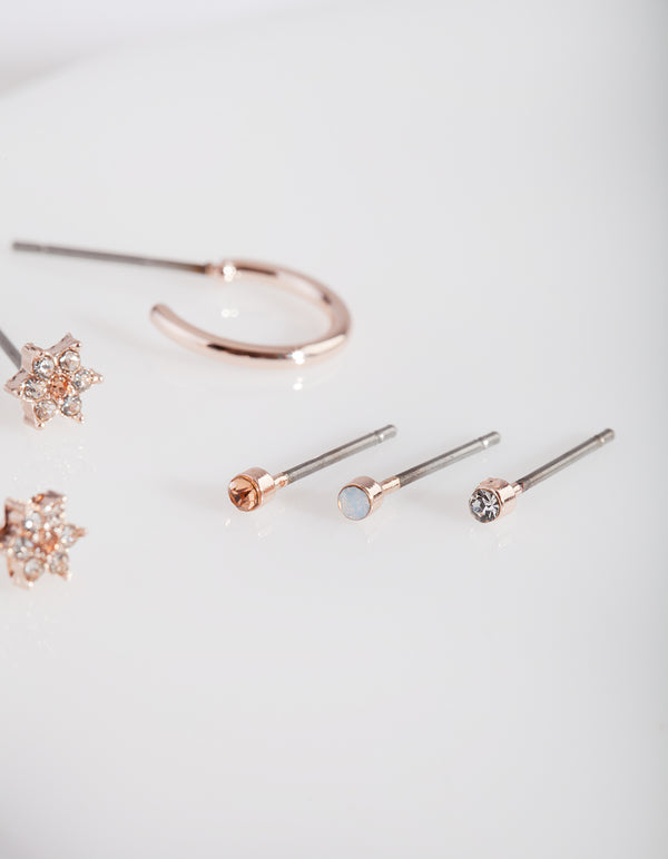 Rose Gold Flower Stud & Hoop Earring Pack