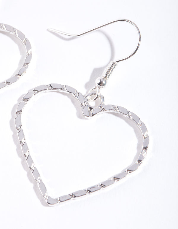 Silver Textured Heart Cut Out Drop Earring