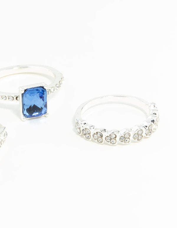 Silver Baguette Sapphire Diamante Ring Stack
