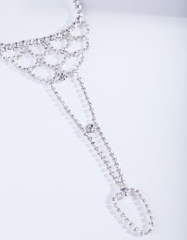 Silver Curve Pattern Diamante Hand Chain