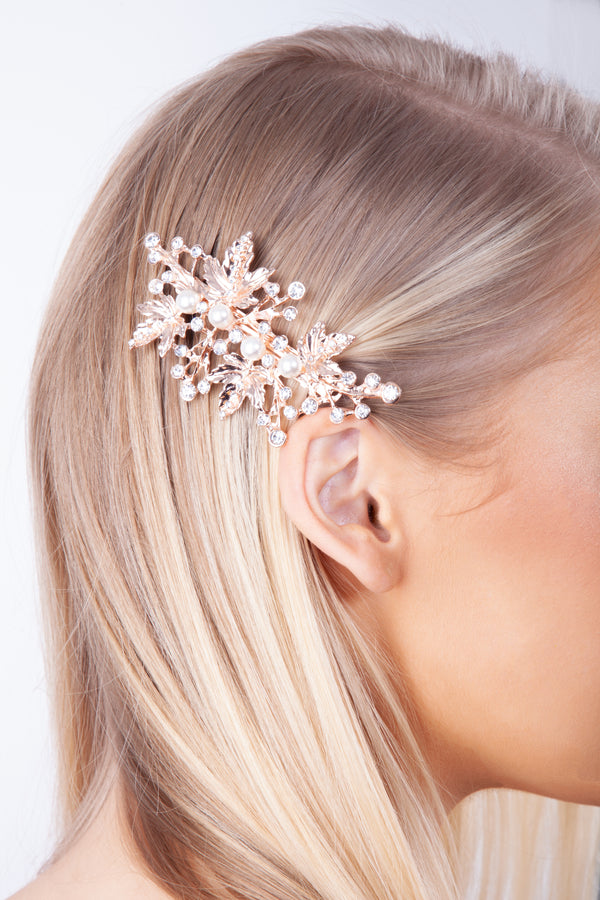 Rose Gold Leaf Crystal Pearl Barrette
