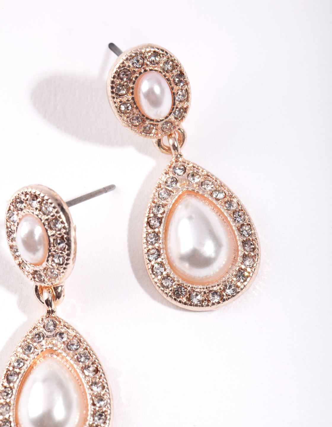 Rose Gold Mini Diamante & Pearl Double Teardrop Earrings