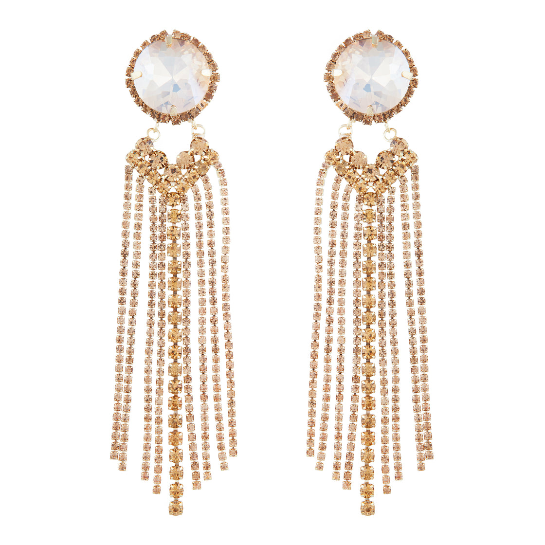 Large Glass Stone With Gold Diamante Tassels Earrings