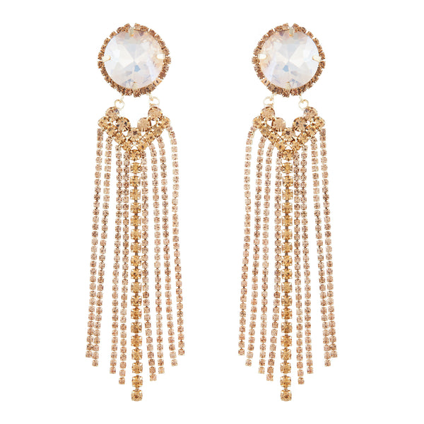Large Glass Stone With Gold Diamante Tassels Earrings