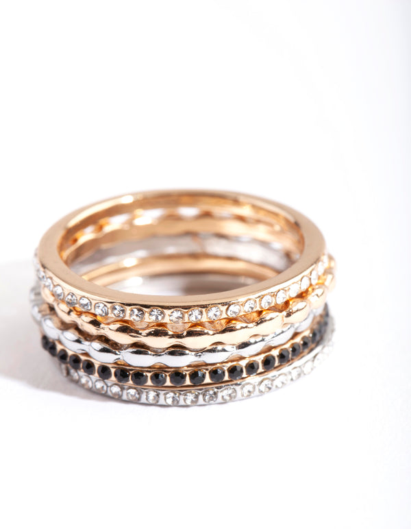 Mixed Metal Fine Diamante Ring 5-Pack