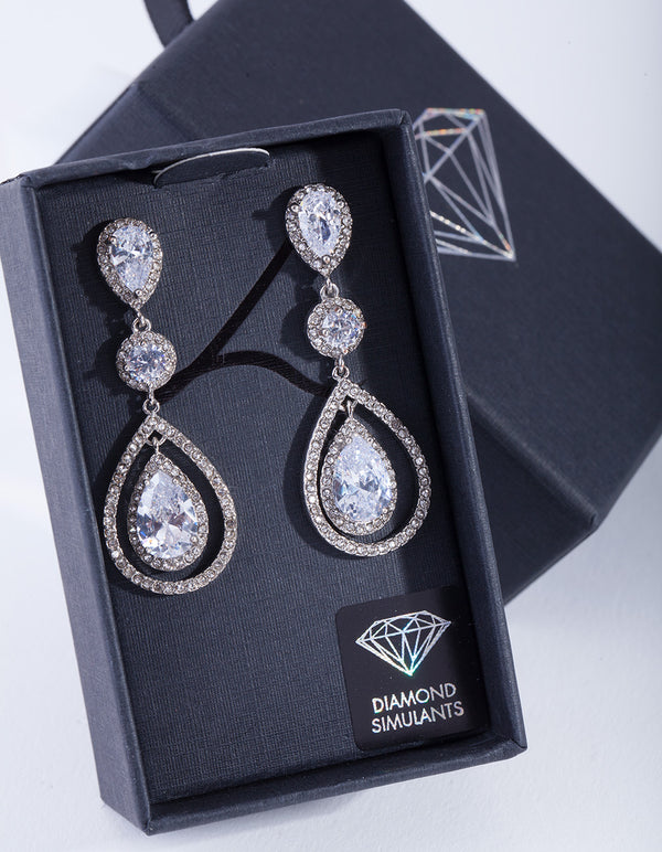 Rhodium Diamond Simulant Graduated Crystal Teardrop Earrings