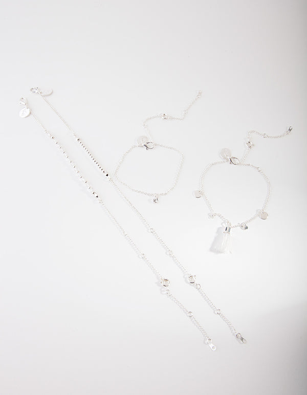 Silver Crystal Tassel Bracelet & Anklet Set