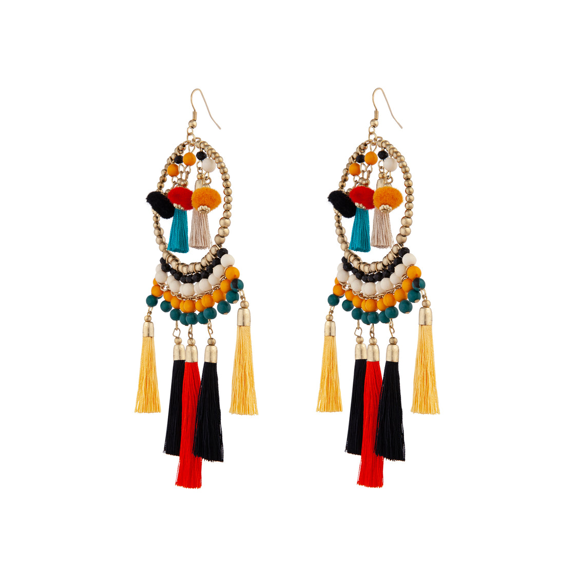 Green Yellow Tassel Bead Statement Earrings