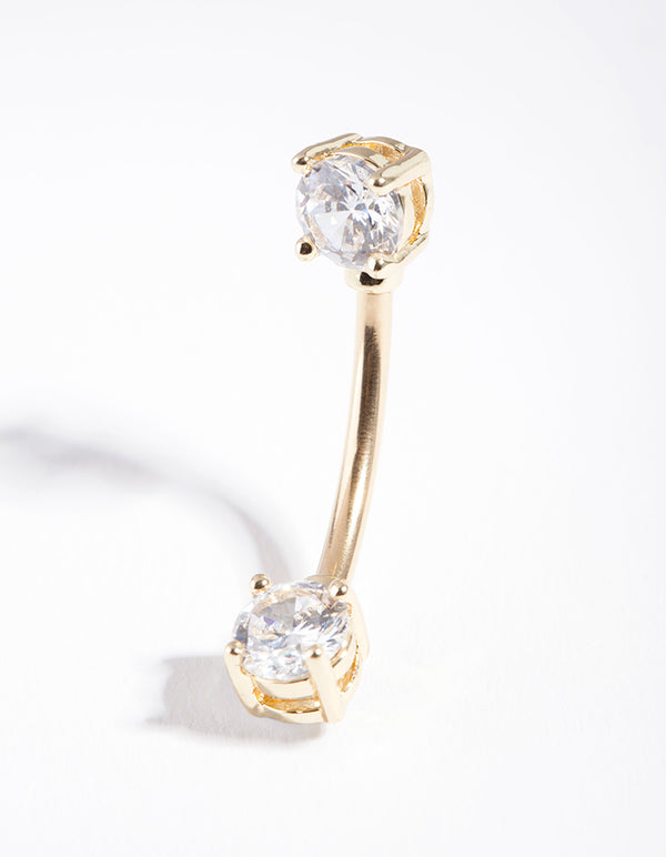 Gold Surgical Steel Double Cubic Zirconia Belly Bar