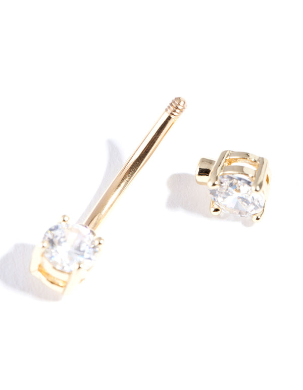 Gold Surgical Steel Double Cubic Zirconia Belly Bar