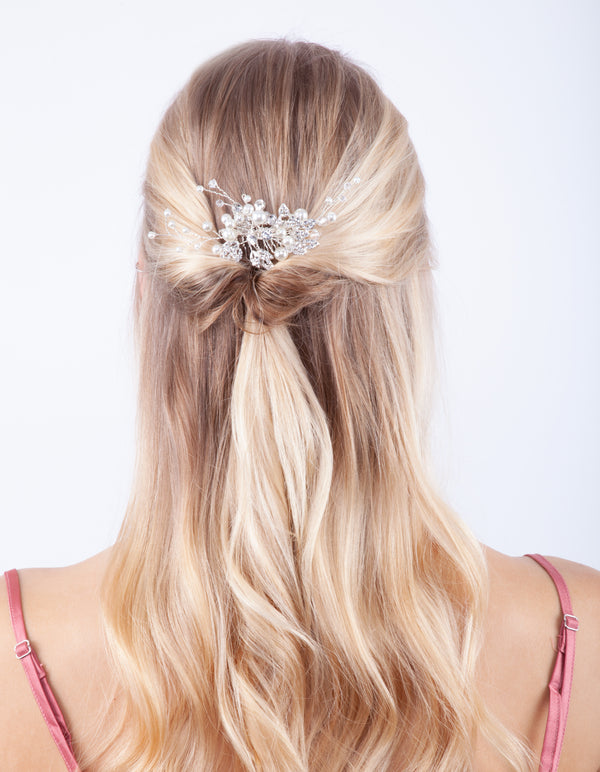 Silver Crystal Pearl Mini Leaf Comb