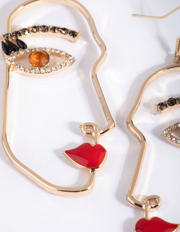 Gold Glamorous Face Drop Earrings