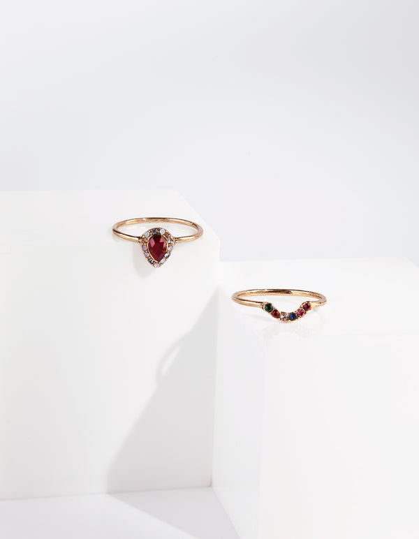 Gold Red Jewel Ring Stack