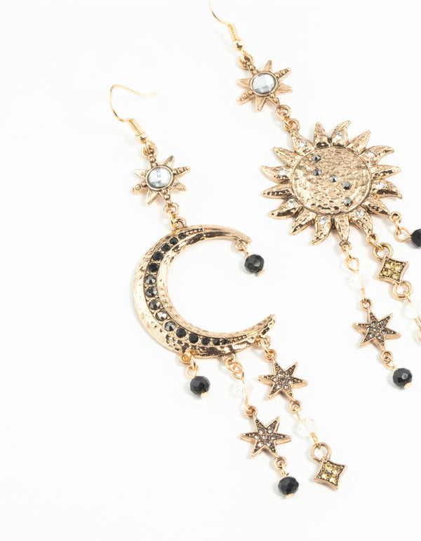 Antique Gold Celestial Grey Black Gem Earrings