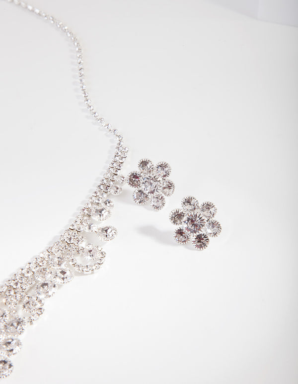 Silver Diamante Floral Jewellery Set