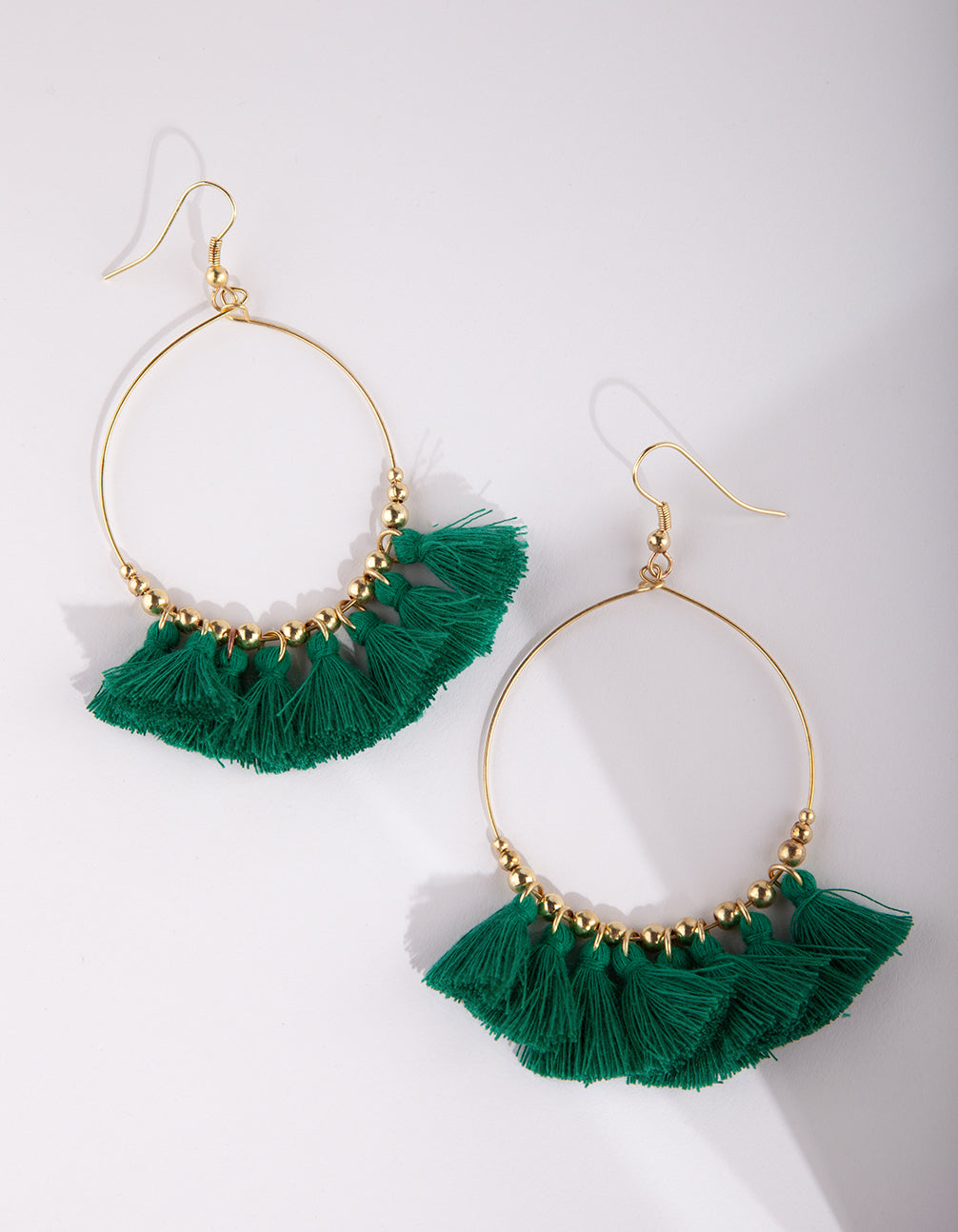 Gold Green Tassel Charm Loop Earrings