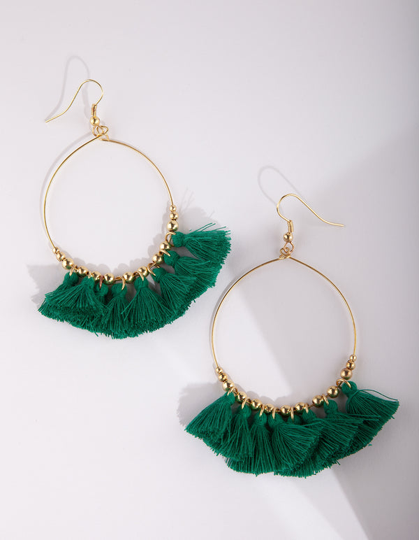 Gold Green Tassel Charm Loop Earrings