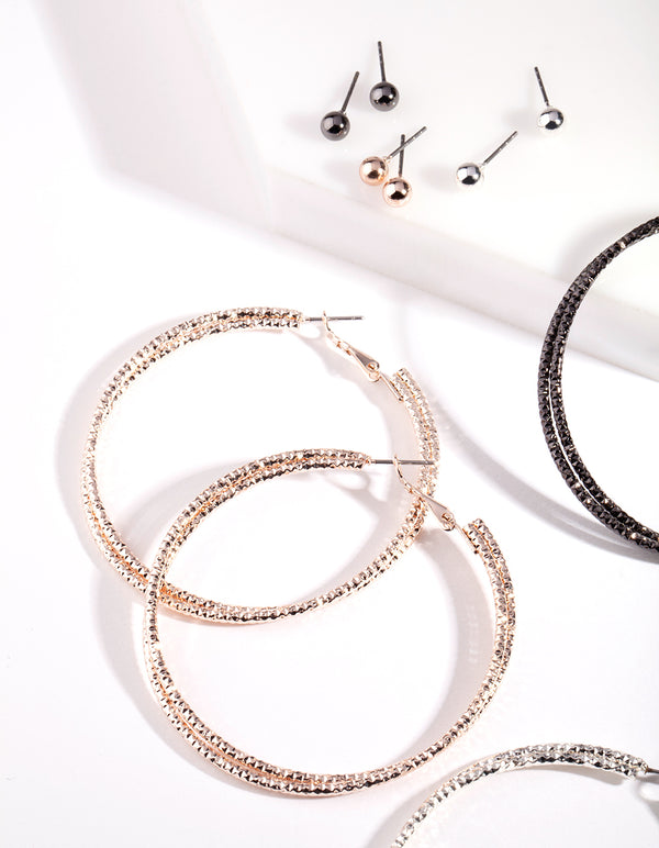 Mixed Metal Texture Cut Hoop Earring 6-Pack