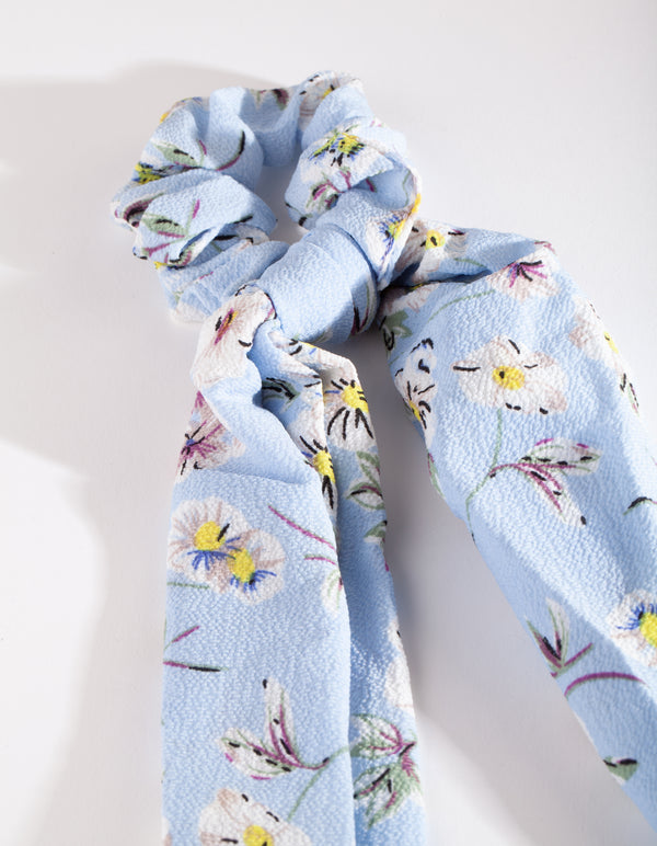 Blue Floral Long Scarf Scrunchie