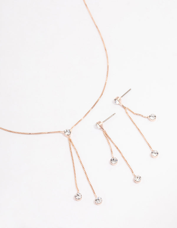 Rose Gold Diamante Drop Earrings Necklace Gift Box
