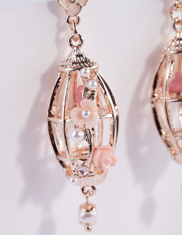 Rose Gold Bird Cage Drop Earrings