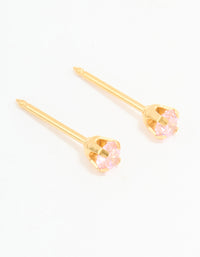 Showcasing 24K gold plated surgical steel 3MM pink cubic zirconia piercing studs front view - link has visual effect only