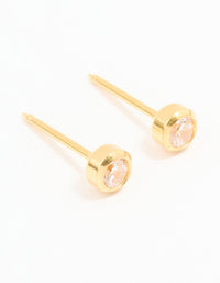 These 24K gold plated surgical stainless steel 3MM cubic zirconia bezel piercing studs feature a crystal design with stud closure front view - link has visual effect only