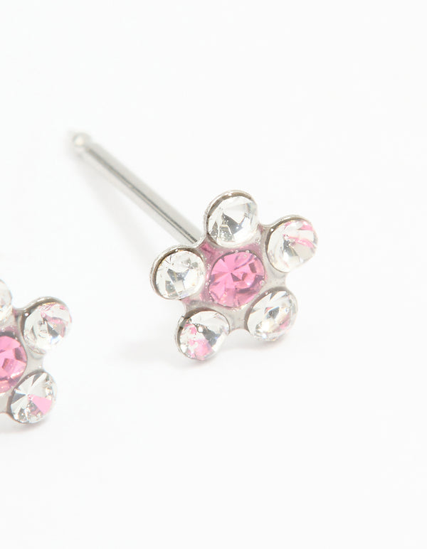 Surgical Stainless Steel Pink Cubic Zirconia Daisy Piercing Stud
