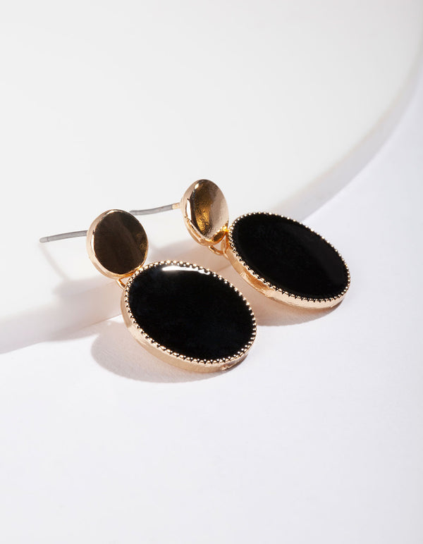 Gold Black Circle Drop Earrings