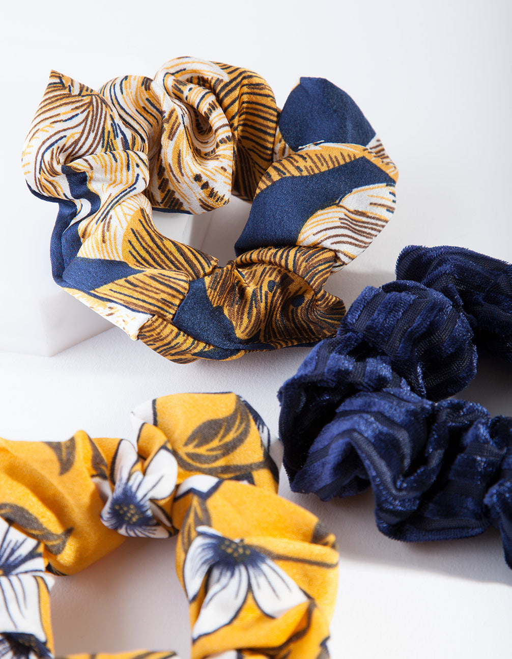 Navy Mustard Floral Scrunchie Pack