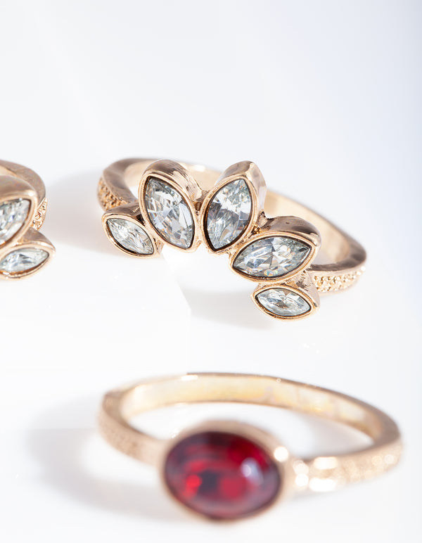 Antique Gold Ruby Floral Ring Stack