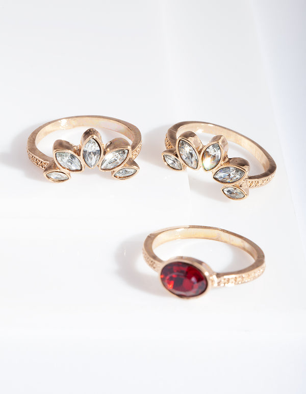 Antique Gold Ruby Floral Ring Stack