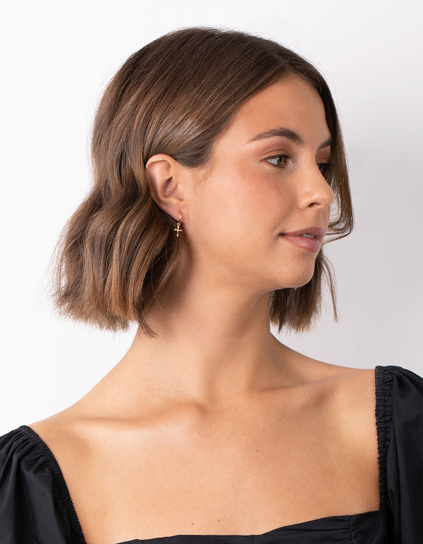 Gold Plated Sterling Silver Cross Dangle Hoop Earrings