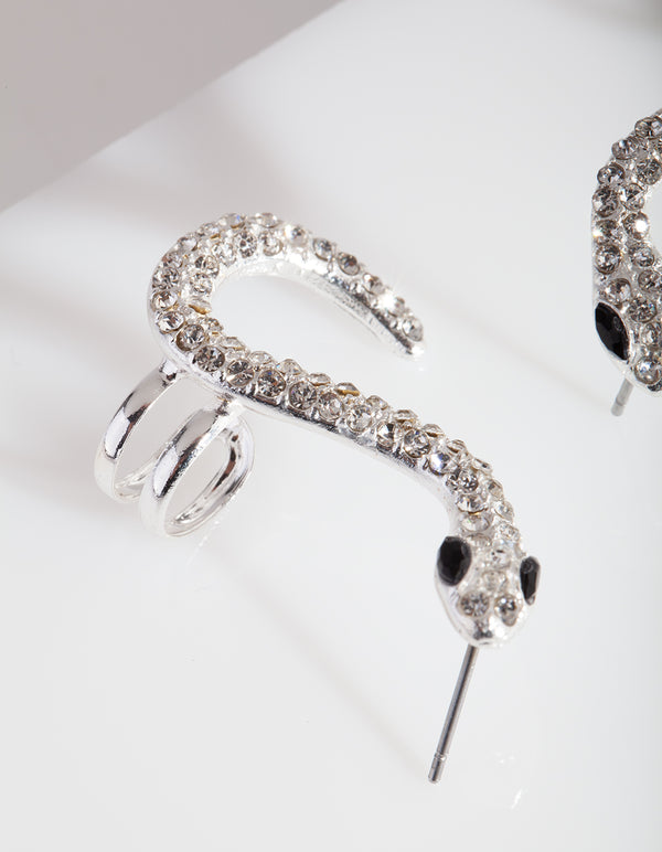 Silver Diamante Snake Cuff Earrings