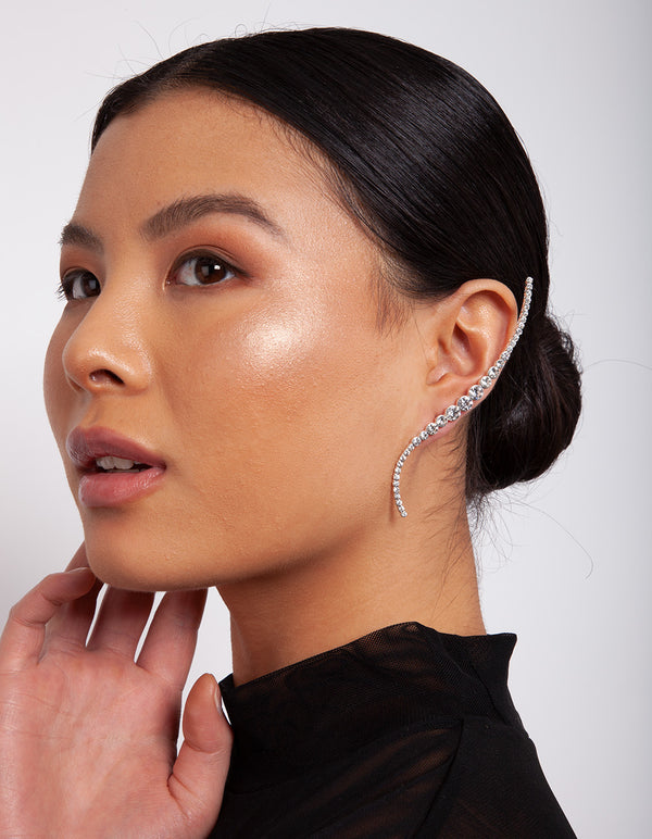 Silver Diamante Curved Bar Earrings