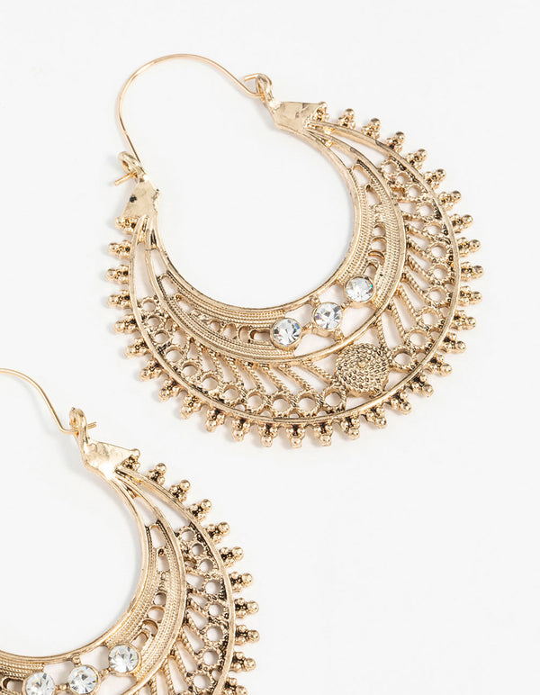 Antique Gold Detailed Hoop Chandbali Earrings