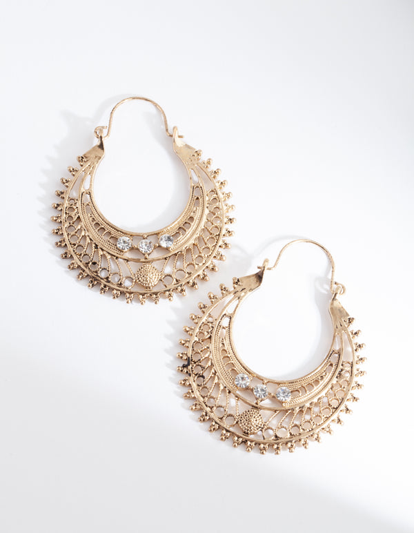 Antique Gold Detailed Hoop Chandbali Earrings