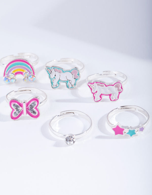 Kids Silver Unicorn Enamel Ring 6-Pack