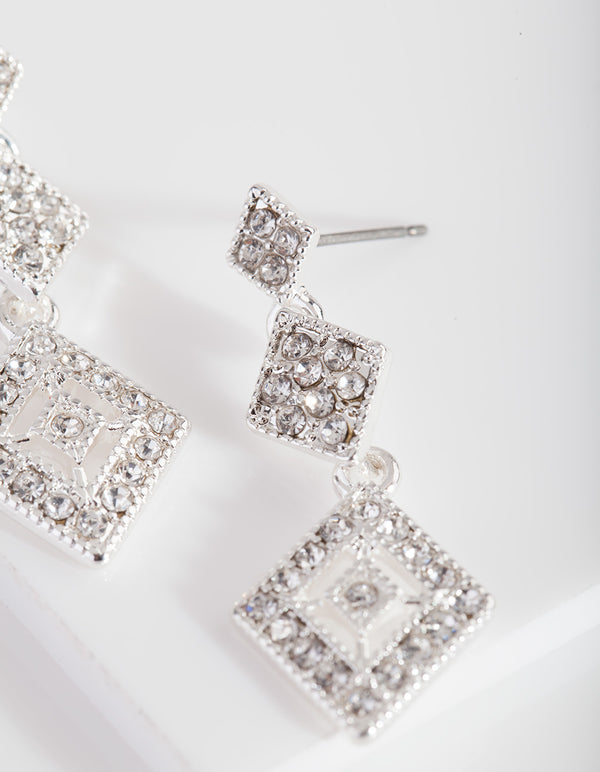Silver Triple Drop Diamante Earrings