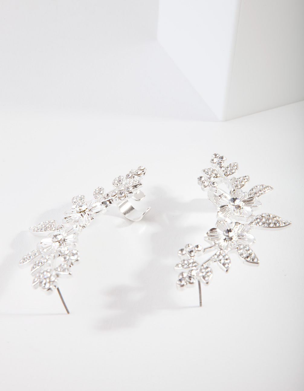 Silver Diamante Flower Cuff Earrings