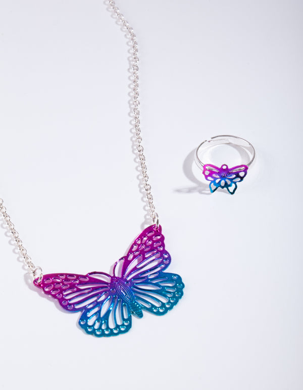 Kids Purple Butterfly Necklace Ring Set