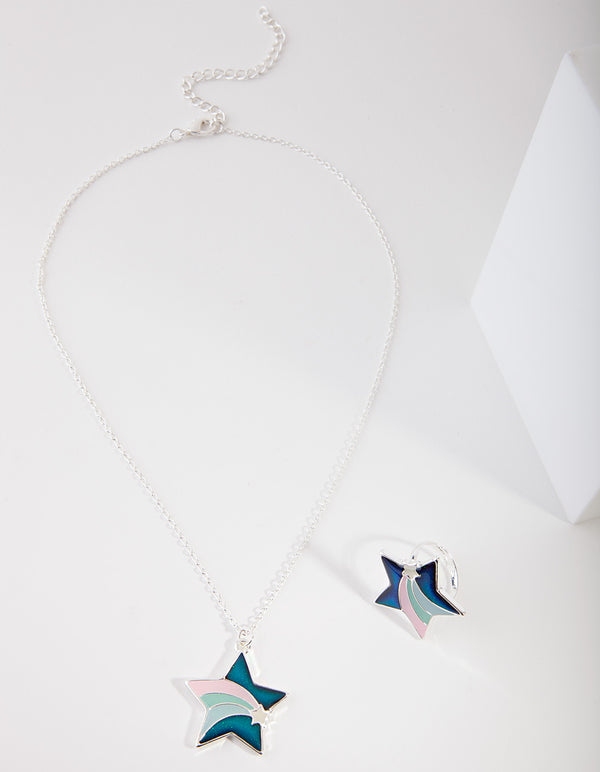 Kids Silver Star Mood Ring & Necklace