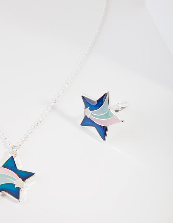 Kids Silver Star Mood Ring & Necklace
