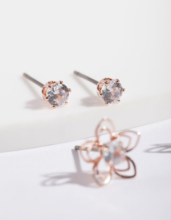 Rose Gold Cubic Zirconia Flower Earring Pack